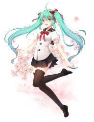 Rule 34 | 10s, 1girl, 2014, ahoge, bad id, bad pixiv id, black thighhighs, character name, diten, flower, green eyes, green hair, hair ribbon, hatsune miku, loafers, long hair, matching hair/eyes, open mouth, ribbon, sailor collar, school uniform, shoes, skirt, solo, spring miku, thighhighs, twintails, very long hair, vocaloid