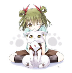 Rule 34 | 1girl, brown eyes, cat, female focus, full body, green hair, indian style, kazami haruki, letter, light smile, love letter, mouth hold, one eye closed, original, paw print, short hair, sitting, smile, solo, twintails, white background, wink