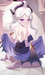 Rule 34 | 1girl, absurdres, ass, black horns, black wings, blue archive, blush, breasts, closed mouth, commentary, dangle earrings, demon horns, demon wings, dress, earrings, halo, highres, hina (blue archive), hina (dress) (blue archive), horns, indoors, jewelry, long hair, looking at viewer, multiple horns, necklace, no shoes, official alternate costume, official alternate hairstyle, panties, pantyhose, purple dress, purple eyes, purple pantyhose, signature, small breasts, soles, solo, strapless, strapless dress, teeth bro, toes, underwear, white hair, white panties, wings
