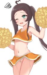 Rule 34 | 1girl, absurdres, ahoge, bandaid, bandaid on pussy, blush, brown hair, cheerleader, crop top, green eyes, highres, hololive, mitsuboshi nuko, natsuiro matsuri, navel, no panties, one eye closed, open mouth, pom pom (cheerleading), pussy juice, skirt, solo, squiggle, sweat, twintails, virtual youtuber, white background, wink