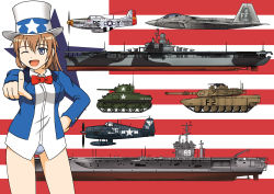 Rule 34 | 1girl, aircraft, aircraft carrier, airplane, bottomless, bow, bowtie, caterpillar tracks, charlotte e. yeager, escort fighter, f-22, hand on own hip, hat, highres, hoshino banchou, jet, keygift, m1 abrams, m4 sherman, medium tank, military, military vehicle, motor vehicle, no pants, one eye closed, p-51 mustang, panties, pointing, pointing at viewer, propeller, ship, simple background, standing, star (symbol), strike witches, tank, top hat, turret, underwear, united states, uss essex (cv-9), vehicle, warship, watercraft, world witches series