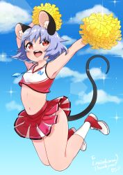 Rule 34 | 1girl, absurdres, alternate costume, animal ears, armpits, blue sky, cheerleader, cloud, commentary request, commission, crop top, full body, grey hair, highres, jewelry, microskirt, midriff, mixed-language commentary, mouse ears, mouse girl, mouse tail, navel, nazrin, open mouth, outdoors, pendant, pom pom (cheerleading), red eyes, red footwear, sample watermark, second-party source, short eyebrows, short hair, signature, skeb commission, skirt, sky, socks, solo, tail, take no ko (4919400), teeth, thighs, touhou, upper teeth only, watermark, white socks
