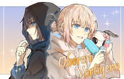 Rule 34 | 2boys, back-to-back, black hoodie, blanca (fate), blue eyes, bug, character name, clone, coat, dual persona, fate/grand order, fate (series), food, gradient background, grey hair, hair bun, highres, hood, hood up, hoodie, male focus, multiple boys, oberon (fate), oberon (third ascension) (fate), official alternate costume, popsicle, sparkle, uncleko5, white coat