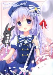 Rule 34 | 1girl, :3, angel wings, angora rabbit, animal, anko (gochiusa), beret, blue bow, blue bowtie, blue eyes, blue hair, blue hat, blue skirt, blue vest, blush, bow, bowtie, collared shirt, commentary request, cowboy shot, crescent, crown, flower, frilled skirt, frills, gochuumon wa usagi desu ka?, gradient background, hair ornament, hairclip, hat, hat bow, highres, holding, holding spoon, kafuu chino, kotori photobomb, kouda suzu, light blue hair, long hair, looking at viewer, milestone celebration, mini crown, open mouth, oversized object, petals, puffy short sleeves, puffy sleeves, rabbit, red ribbon, ribbon, rose, shirt, short sleeves, sidelocks, signature, silhouette, skirt, skirt hold, smile, spoon, striped bow, striped bowtie, striped clothes, striped neckwear, thank you, tippy (gochiusa), vest, white bow, white shirt, white wings, wing collar, wings, x hair ornament