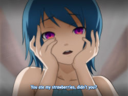 Rule 34 | 1girl, anime coloring, bare shoulders, blue hair, eric kazuya, hands on own cheeks, hands on own face, mirai nikki, open mouth, parody, portrait, purple eyes, short hair, solo, style parody, subtitled, yandere, yandere trance