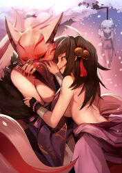 Rule 34 | 3girls, absurdres, animal ears, bandaged wrist, bandages, bare back, bell, blush, bound, breasts, brown eyes, brown hair, cherry blossoms, clothes down, commission, covering face, dakki the graceful mayakashi, duel monster, fox ears, furry, furry female, hair bell, hair ornament, hanging from tree, highres, japanese clothes, long hair, long sleeves, medium breasts, multiple girls, nail polish, nipples, pixiv commission, ro g (oowack), shiranui squire, tied up (nonsexual), white hair, wide sleeves, yoko the graceful mayakashi, yu-gi-oh!, yuki-onna the absolute zero mayakashi, yuki-onna the ice mayakashi, yuri
