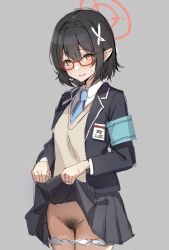 Rule 34 | 1girl, armband, ayane (blue archive), black hair, blazer, blue archive, blue necktie, blush, brown eyes, clothes lift, collared shirt, commentary, cowboy shot, female pubic hair, glasses, grey background, grey jacket, grey skirt, groin, hair ornament, halo, highres, jacket, keman, lifting own clothes, long sleeves, looking at viewer, miniskirt, necktie, open clothes, open jacket, panties, panty pull, parted lips, pleated skirt, pointy ears, pubic hair, red-framed eyewear, red halo, school uniform, shirt, short hair, simple background, sketch, skirt, skirt hold, skirt lift, solo, standing, sweat, sweater vest, underwear, white panties, yellow sweater vest