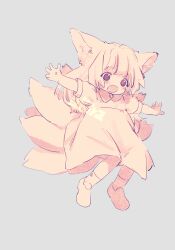 Rule 34 | 1girl, aged down, animal ear fluff, animal ears, arknights, artist name, commentary request, dress, fox ears, fox girl, fox tail, full body, grey background, highres, jumping, kitsune, kyuubi, limited palette, long hair, multiple tails, niwatori (akira 207), open mouth, outstretched arms, puffy short sleeves, puffy sleeves, shoes, short sleeves, simple background, socks, solo, spread arms, suzuran (arknights), tail, watermark