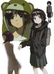 1girl animal_costume asymmetrical_hair backpack bag bear_costume black_skirt brown_eyes brown_hair brown_hoodie closed_mouth cowboy_shot expressionless grey_shirt hair_ornament hairclip highres holding holding_bag hood hoodie iwakura_lain nzsssm red_ribbon ribbon school_uniform serial_experiments_lain shirt short_hair simple_background single_sidelock skirt solo thighhighs upper_body white_background x_hair_ornament