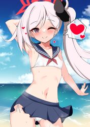 Rule 34 | 1girl, ;), arm behind back, arm behind head, arm up, armpits, beach, bikini, bikini under clothes, blue archive, blush, breasts, commentary request, covered erect nipples, day, halo, heart, highres, long hair, looking at viewer, mamiyahara hitoshige, midriff, miniskirt, mutsuki (blue archive), navel, neckerchief, ocean, one eye closed, outdoors, pleated skirt, red neckerchief, sailor collar, school uniform, serafuku, side-tie bikini bottom, side ponytail, skirt, small breasts, smile, solo, spoken heart, standing, swimsuit, upskirt, very long hair, white bikini