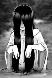 Rule 34 | 1girl, absurdres, bare shoulders, breasts, dress, greyscale, hair over eyes, hair over face, highres, large breasts, long hair, long sleeves, monochrome, nago purin, open mouth, partially submerged, the ring, very long hair, wading, water, wide sleeves, yamamura sadako