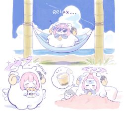 Rule 34 | 1girl, angel wings, animal costume, beach, blue archive, blush, closed eyes, ekoru, food, halo, highres, holding, holding food, long hair, mika (blue archive), multiple views, ocean, open mouth, pink hair, purple halo, runny nose, sheep costume, sleeping, snot, sunglasses, white wings, wings, zzz