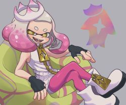 Rule 34 | + +, 1girl, ankle boots, armchair, black gloves, boots, brown eyes, chair, chinobosh, crossed legs, crown, dress, emblem, fingerless gloves, gloves, gradient hair, grey background, highres, inkling, looking at viewer, medium hair, mole, mole under mouth, multicolored hair, nintendo, open mouth, pantyhose, pearl (splatoon), pink hair, pink pantyhose, short dress, shorts, shorts under dress, sitting, sleeveless, sleeveless dress, smile, solo, splatoon (series), splatoon 2, tentacle hair, white dress, white footwear, white hair, white headwear, white shorts, zipper pull tab