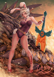 Rule 34 | 1girl, animal ears, belt, breasts, rabbit ears, detached collar, fake animal ears, fangs, full body, hair up, hand on own hip, highres, league of legends, leotard, looking at viewer, monster, necktie, pantyhose, playboy bunny, riven (league of legends), shoes, short hair, solo, standing, sword, torn s, weapon, white hair, wrist cuffs