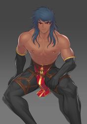 Rule 34 | 1other, abs, bare shoulders, blue hair, bulge, dark blue hair, dark skin, detached sleeves, earrings, fate/grand order, fate (series), gradient background, greco-roman clothes, highres, hunterkay, jewelry, large pectorals, long hair, looking at viewer, male focus, muscular, nipple piercing, pants, pectorals, pelvic curtain, piercing, red eyes, roman clothes, romulus (fate), romulus quirinus (fate), solo, tight clothes, tight pants, toned, topless male