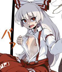 Rule 34 | 1girl, areola slip, armband, baggy pants, bandaid, bandaids on nipples, bow, breasts, bright pupils, buttons, collared shirt, commentary request, covered erect nipples, epic armageddon, flashing, fujiwara no mokou, grey hair, hair bow, highres, long hair, long sleeves, looking at another, navel, ofuda, ofuda on clothes, open mouth, pale skin, pants, partially unbuttoned, pasties, raised eyebrow, red eyes, red pants, ringed eyes, shirt, sitting, small breasts, solo focus, sound effects, stomach, suspenders, sweat, touhou, translation request, very long hair, white pupils, white shirt, wing collar