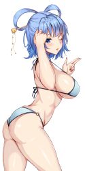 Rule 34 | 1girl, absurdres, amagi (amagi626), arm up, ass, bikini, blowing kiss, blue bikini, blue eyes, blue hair, blush, breasts, hair ornament, hair rings, hair stick, highres, kaku seiga, large breasts, lips, looking at viewer, nail polish, one eye closed, puckered lips, red nails, shiny skin, short hair, simple background, solo, standing, string, swimsuit, thighs, touhou, white background