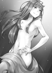 Rule 34 | 1girl, animal ears, ayakura juu, breasts, cleavage, closed mouth, collarbone, cowboy shot, floating hair, greyscale, groin, hair censor, hair over breasts, hand on own hip, highres, holo, long hair, monochrome, navel, novel illustration, official art, small breasts, smile, solo, spice and wolf, standing, tail, tail censor, very long hair, wolf ears, wolf tail