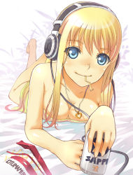 Rule 34 | 1girl, alcohol, barefoot, beer, blonde hair, blue eyes, can, drink, face, food, foreshortening, headphones, highres, hirokiku, jewelry, lying, necklace, on stomach, original, solo