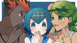 Rule 34 | 1boy, 2girls, black hair, blue eyes, blue hair, blush, collarbone, commentary request, covering own mouth, creatures (company), dark-skinned female, dark-skinned male, dark skin, game freak, green eyes, green hair, kiawe (pokemon), lana (pokemon), looking at another, looking at viewer, mallow (pokemon), mochi (g mochi), multicolored hair, multiple girls, nintendo, open mouth, pokemon, pokemon sm, topless male, two-tone hair, upper body, whispering