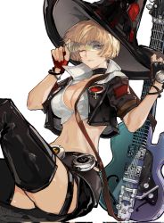 Rule 34 | 1girl, belt, black gloves, black thighhighs, blonde hair, bob cut, breasts, choker, cleavage, crop top, electric guitar, found modori, glasses, gloves, green-tinted eyewear, guilty gear, guilty gear strive, guitar, hat, highres, i-no, instrument, large breasts, midriff, mole, mole above mouth, mole under eye, navel, one eye closed, simple background, sitting, solo, stomach, sunglasses, thighhighs, thighs, tinted eyewear, white background, witch hat