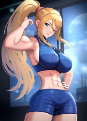 Rule 34 | 1girl, abs, absurdres, bad anatomy, biceps, blonde hair, blurry, blurry background, breasts, cleavage, crop top, depth of field, gonzarez, green eyes, hairband, hand on own hip, highres, huge breasts, large breasts, long hair, looking at viewer, metroid, metroid fusion, mole, mole under mouth, moon, moonlight, muscular, muscular arms, muscular female, navel, night, nintendo, one eye closed, pants, ponytail, samus aran, short shorts, shorts, sideboob, solo, standing, stomach, tight clothes, tight pants, tight shorts, very long hair, wide hips, window