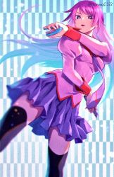 Rule 34 | 1girl, arched back, bakemonogatari, blue eyes, blurry, breasts, collared shirt, commentary, depth of field, dutch angle, feet out of frame, film grain, hand up, head tilt, holding, juliet sleeves, long hair, long sleeves, looking at viewer, medium breasts, miniskirt, monogatari (series), naoetsu high school uniform, necktie, open mouth, patterned background, pink shirt, pleated skirt, puffy sleeves, purple hair, purple necktie, purple skirt, school uniform, senjougahara hitagi, shadow, shiny clothes, shirt, skirt, solo, soraao0322, stapler, swept bangs, thighhighs, thighs, twitter username, zettai ryouiki