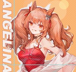 Rule 34 | 1girl, :d, angelina (arknights), angelina (summer flower) (arknights), animal ears, arknights, bare shoulders, breasts, brown hair, casual one-piece swimsuit, character name, collar, collarbone, fox ears, hair ribbon, infection monitor (arknights), jewelry, long hair, looking at viewer, medium breasts, necklace, non porn, off shoulder, official alternate costume, one-piece swimsuit, open mouth, orange background, parted lips, red eyes, red ribbon, red one-piece swimsuit, ribbon, simple background, smile, solo, swimsuit, swimsuit cover-up, tujichazha, twintails, upper body