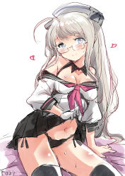 Rule 34 | 1girl, ahoge, black panties, black sailor collar, black skirt, black thighhighs, breasts, cleavage, clothes lift, dixie cup hat, fuji (pixiv24804665), glasses, gloves, grey eyes, grey hair, hat, heart, heywood l. edwards (kancolle), highres, kantai collection, long hair, medium breasts, military hat, neckerchief, off-shoulder shirt, off shoulder, panties, pink neckerchief, pleated skirt, sailor collar, sailor shirt, school uniform, serafuku, shirt, side-tie panties, simple background, single glove, skirt, skirt lift, smile, solo, thighhighs, underwear, white background, white gloves, white shirt