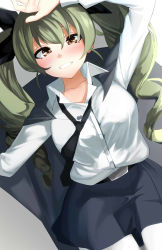 Rule 34 | 1girl, absurdres, anchovy (girls und panzer), apple (ygbhjdbiulsg), arm above head, black cape, black necktie, black ribbon, blush, brown eyes, cape, collarbone, commentary request, drill hair, dutch angle, girls und panzer, green hair, grin, hair between eyes, hair ribbon, highres, looking at viewer, loose necktie, necktie, pantyhose, ribbon, shirt, smile, solo, twin drills, twintails, white pantyhose, white shirt