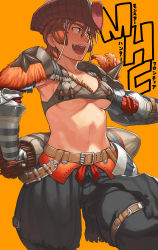 Rule 34 | 1girl, azusa (hws), belt, bikini, bikini top only, breasts, brown eyes, brown hair, capcom, character request, fang, feathers, gauntlets, hat, highres, hypnocatrice (armor), midriff, monster hunter (series), monster hunter frontier, navel, open mouth, short hair, smile, swimsuit, underboob