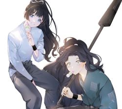 Rule 34 | 2boys, ayabe kihachirou, black hair, blue eyes, character request, dango, feet out of frame, food, head tilt, highres, hip vent, holding, invisible chair, japanese clothes, long hair, long sleeves, looking at viewer, male focus, mouth hold, multiple boys, pants, ponytail, rakudai ninja rantarou, sanshoku dango, simple background, sitting, sparkle, squatting, swissmissmachi, very long hair, wagashi, white background, wristband