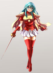 Rule 34 | 1girl, absurdres, aqua hair, armor, blue eyes, blush, boots, breastplate, eirika (fire emblem), fingerless gloves, fire emblem, fire emblem: the sacred stones, gloves, gradient background, highres, holding, holding sword, holding weapon, long hair, miniskirt, nintendo, rapier, red gloves, red thighhighs, short sleeves, simple background, skirt, smile, solo, sword, thigh boots, thighhighs, weapon, white skirt, yozu (yozu0420)