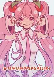 Rule 34 | 1girl, absurdres, cherry hair ornament, collared shirt, cowboy shot, food-themed hair ornament, hair ornament, hatsune miku, highres, leaf, long hair, looking at viewer, nail polish, necktie, outline, pink eyes, pink hair, pink necktie, red nails, sakura miku, shirt, signature, simple background, sleeveless, sleeveless shirt, solo, svv art, tongue, tongue out, very long hair, vocaloid, white background, white outline, white shirt