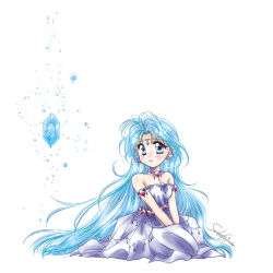 Rule 34 | 1990s (style), 1girl, aria benett, artist request, bare shoulders, blue eyes, blue hair, breasts, cleavage, crystal, dress, final fantasy, final fantasy iii, jewelry, kneeling, long hair, matching hair/eyes, necklace, signature, solo, very long hair