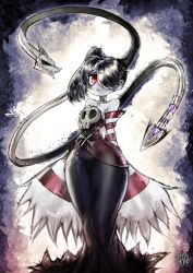Rule 34 | 1girl, black hair, black skirt, closed mouth, colored skin, commentary, detached sleeves, english commentary, grey skin, hair over one eye, highres, long skirt, long sleeves, looking at viewer, medium hair, one eye covered, red eyes, ringed eyes, side ponytail, signature, skirt, skullgirls, sleeves past fingers, sleeves past wrists, solo, squigly (skullgirls), standing, stitched mouth, stitches, tentacles, the golden smurf, thick thighs, thighs, very long sleeves, wide hips, wide sleeves