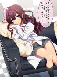 Rule 34 | 1girl, ahoge, black socks, blue eyes, blush, breasts, brown hair, checkered floor, commentary request, couch, ear piercing, feet out of frame, grey skirt, hair between eyes, hair intakes, highres, ichinose shiki, idolmaster, idolmaster cinderella girls, indoors, kezune (i- -i), kneehighs, long hair, long sleeves, looking at viewer, medium breasts, miniskirt, monitor, navel, neck ribbon, parted lips, piercing, pillow, pleated skirt, red ribbon, ribbon, shadow, shirt, sitting, skirt, socks, solo, thighs, wavy hair, white shirt