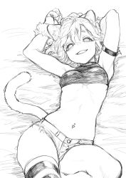 Rule 34 | 1girl, absurdres, animal ears, animal hands, armband, breasts, cat ears, cat tail, crop top, gloves, greyscale, hands up, highres, looking at viewer, lying, medium breasts, micro shorts, monochrome, navel piercing, on back, original, paw gloves, piercing, reiga (act000), shorts, single thighhigh, smile, solo, tail, thighhighs