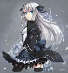 Rule 34 | 1girl, black thighhighs, blue eyes, bridal gauntlets, coat, flower, garter straps, grey background, hair ribbon, hand on own hip, hime cut, juliet sleeves, lily (flower), long hair, long sleeves, looking at viewer, open clothes, open coat, original, petals, puffy sleeves, ribbon, rin yuu, shirt, silver hair, skirt, solo, tailcoat, thighhighs, very long hair, zettai ryouiki