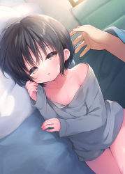 Rule 34 | 1boy, 1girl, black hair, breasts, brown hair, collarbone, commentary request, curtains, day, grey shirt, hair between eyes, half-closed eyes, highres, long sleeves, looking at viewer, lying, naked shirt, off shoulder, on side, original, out of frame, parted lips, pillow, revision, shirt, sleeves past wrists, small breasts, solo focus, sunlight, under covers, usashiro mani, window