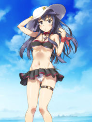 Rule 34 | 1girl, :o, aged up, akatsuki (kancolle), anchor symbol, arm up, bare shoulders, bikini, black bikini, black skirt, blue sky, blush, breasts, buckle, cameltoe, cloud, collar, commentary request, covered erect nipples, day, feet out of frame, gluteal fold, hand on headwear, hat, historical name connection, horizon, kantai collection, long hair, looking at viewer, medium breasts, miniskirt, mismatched bikini, name connection, navel, object namesake, ocean, outdoors, parted lips, pleated skirt, purple eyes, purple hair, red ribbon, ribbon, roman numeral, sameha ikuya, ship, side-tie bikini bottom, skindentation, skirt, sky, solo, standing, stomach, sun hat, swimsuit, tareme, thigh strap, underboob, upskirt, watercraft, white bikini, white hat, wrist ribbon