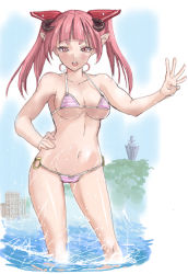Rule 34 | 1girl, akasaai, bad id, bad pixiv id, bikini, day, demon girl, hair ornament, hand on own hip, hip focus, horns, navel, o-ring, o-ring bottom, open mouth, original, pink eyes, pink hair, pointy ears, sketch, solo, striped bikini, striped clothes, swimsuit, twintails, water, wet