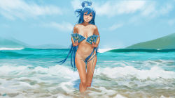 Rule 34 | 1girl, aqua (konosuba), artistic nudity, beach, blue eyes, blue hair, blush, breasts, cloud, completely nude, covering privates, covering breasts, day, dual wielding, fine art parody, folding fan, hair censor, hair rings, hand fan, highres, holding, kono subarashii sekai ni shukufuku wo!, long hair, looking at viewer, matching hair/eyes, navel, nude, ocean, outdoors, parody, parted lips, sky, smile, solo, standing, steamy tomato, very long hair, wading, water