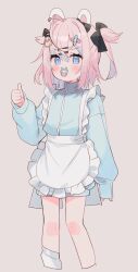 Rule 34 | 1girl, animal ears, apron, black bow, blue eyes, blue hair, blue jacket, blue shorts, bow, brown background, commentary, cropped legs, crossed bandaids, ear bow, frilled apron, frills, hair between eyes, hair bow, hair ornament, hairclip, highres, indie virtual youtuber, jacket, jersey maid, long sleeves, loose socks, maid, meito (maze), mitsuki shio, multicolored hair, pacifier, pink hair, puffy long sleeves, puffy shorts, puffy sleeves, rabbit ears, rabbit hair ornament, shorts, simple background, sleeves past wrists, socks, solo, standing, thumbs up, track jacket, two-tone hair, two side up, unconventional maid, virtual youtuber, white apron, white socks