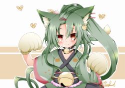 Rule 34 | 1girl, animal ears, animal hands, bell, blush, cat ears, cat tail, choker, closed mouth, cowboy shot, flower knight girl, gloves, green hair, green kimono, hair ornament, hairclip, heart, japanese clothes, jingle bell, kasagland, kemonomimi mode, kimono, long hair, looking at viewer, neck bell, paw gloves, ponytail, red eyes, sankaku saboten (flower knight girl), signature, smile, solo, tail, white gloves