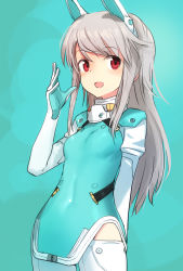 Rule 34 | 1girl, aged down, alice gear aegis, animal ears, arm behind back, blue background, blush, bodysuit, breasts, commentary, commentary request, cowboy shot, fake animal ears, headgear, jinguuji mari, navel, open mouth, rabbit ears, red eyes, shimada fumikane, silver hair, small breasts, smile, solo