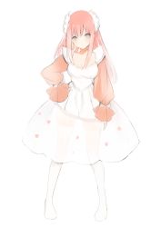 Rule 34 | 1girl, bad id, bad tumblr id, blue eyes, boots, breasts, cleavage, collarbone, dress, hand on own hip, head tilt, long hair, long sleeves, looking at viewer, lpip, maid headdress, megurine luka, pink hair, puffy long sleeves, puffy sleeves, see-through, sidelocks, simple background, sleeves past wrists, solo, standing, tareme, thigh boots, thighhighs, very long hair, vocaloid, white background, white dress, white footwear, zettai ryouiki