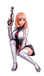 Rule 34 | 1girl, black skirt, blonde hair, breasts, brown eyes, doha skylightscent, gun, highres, huge breasts, looking at viewer, narusawa ryouka, necktie, occultic;nine, short hair, simple background, skirt, smile, solo, thighhighs, weapon, white background, white thighhighs