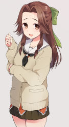 Rule 34 | 10s, 1girl, black skirt, bow, brown eyes, brown hair, cardigan, commentary request, cowboy shot, green bow, grey background, hair bow, hair intakes, half updo, jintsuu (kancolle), kantai collection, long hair, looking at viewer, low twintails, open mouth, pleated skirt, plum (arch), pocket, school uniform, serafuku, skirt, sleeves past wrists, smile, solo, twintails