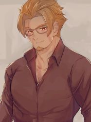 Rule 34 | 1boy, alternate costume, beowulf (fate), black shirt, blonde hair, casual, close-up, collarbone, collared shirt, facial hair, fate/grand order, fate (series), goatee, highres, looking at viewer, male focus, parted bangs, red eyes, shirt, smile, soda (sooowda), solo, toned, toned male, upper body, yellow-framed eyewear